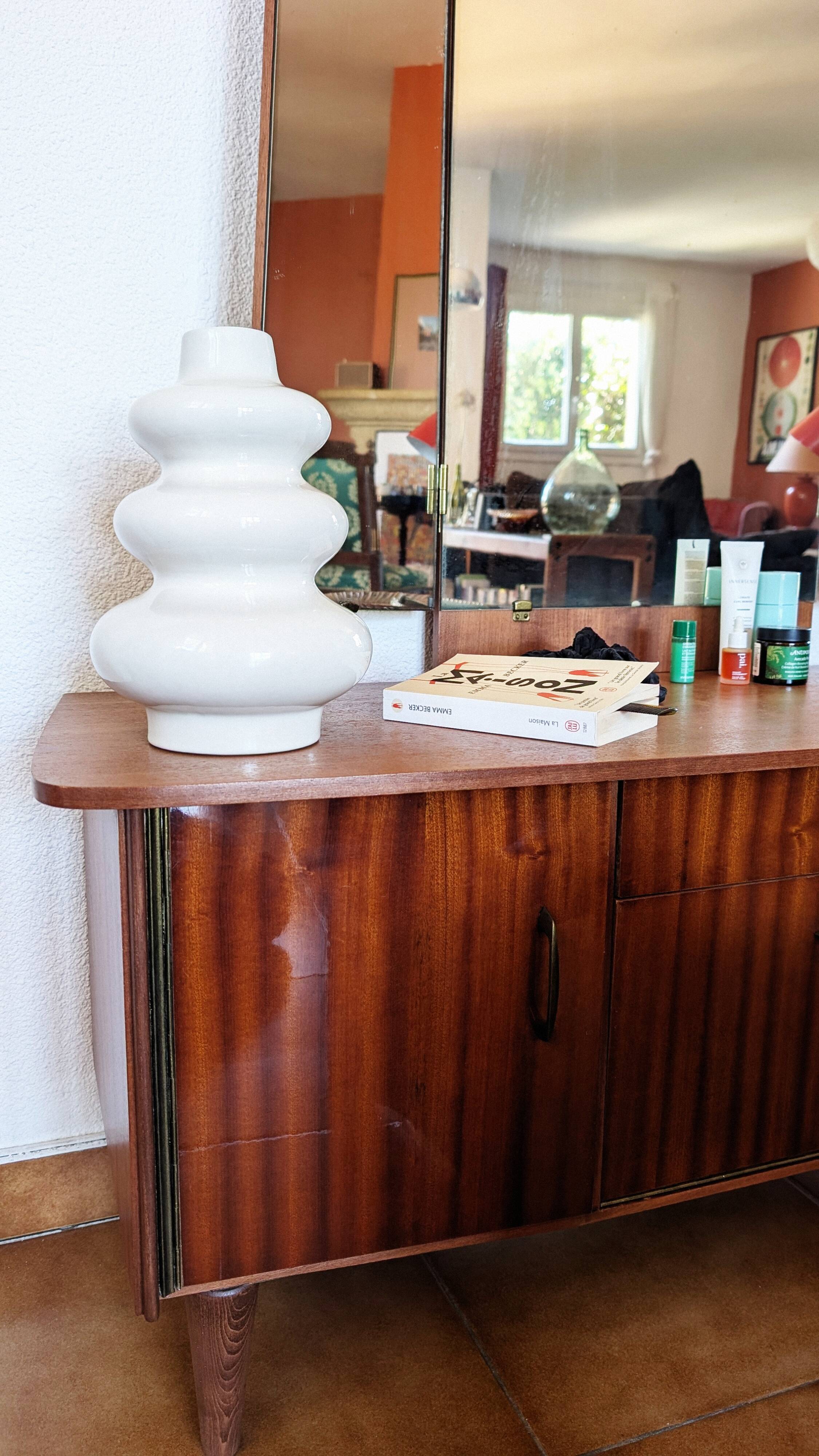 Vintage 70s dressing table with triptych mirror and matching bench.