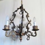 Italian Vintage patinated bronze chandelier with 4 lights with a beautiful wow patina