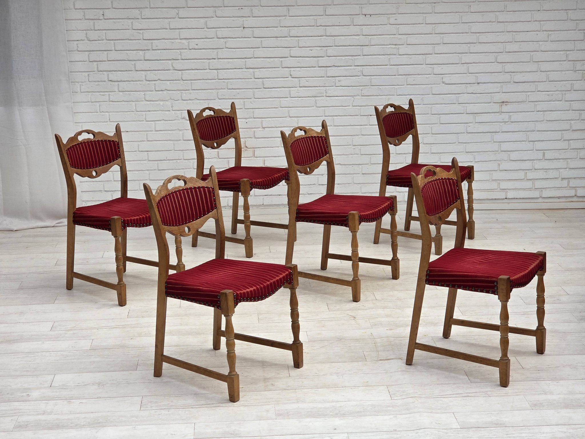 1970s, set of 6 Danish dining chairs, oak wood, furniture wool.