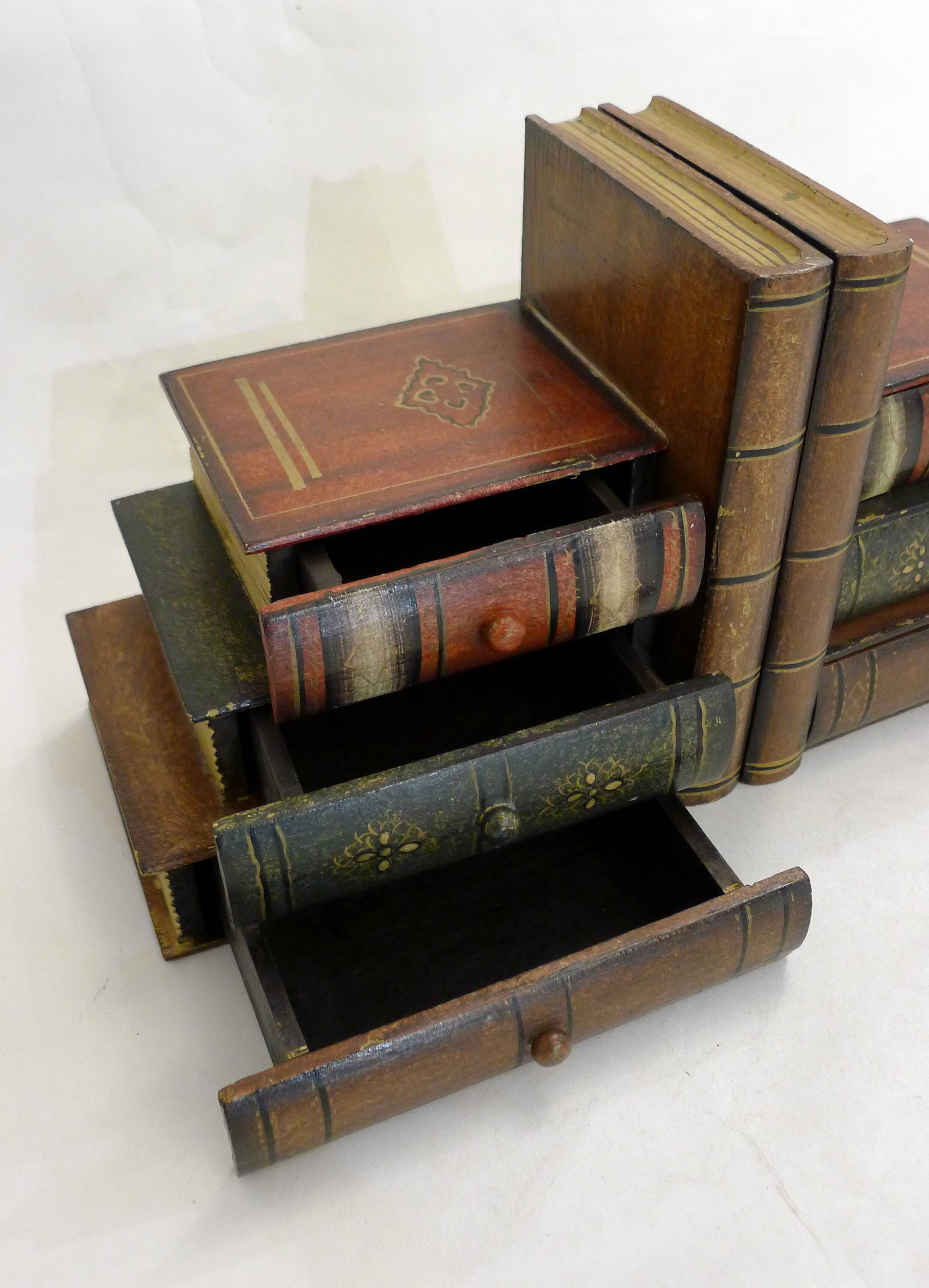 Pair of bookends (& secret boxes) in trompe l'oeil Stacked books