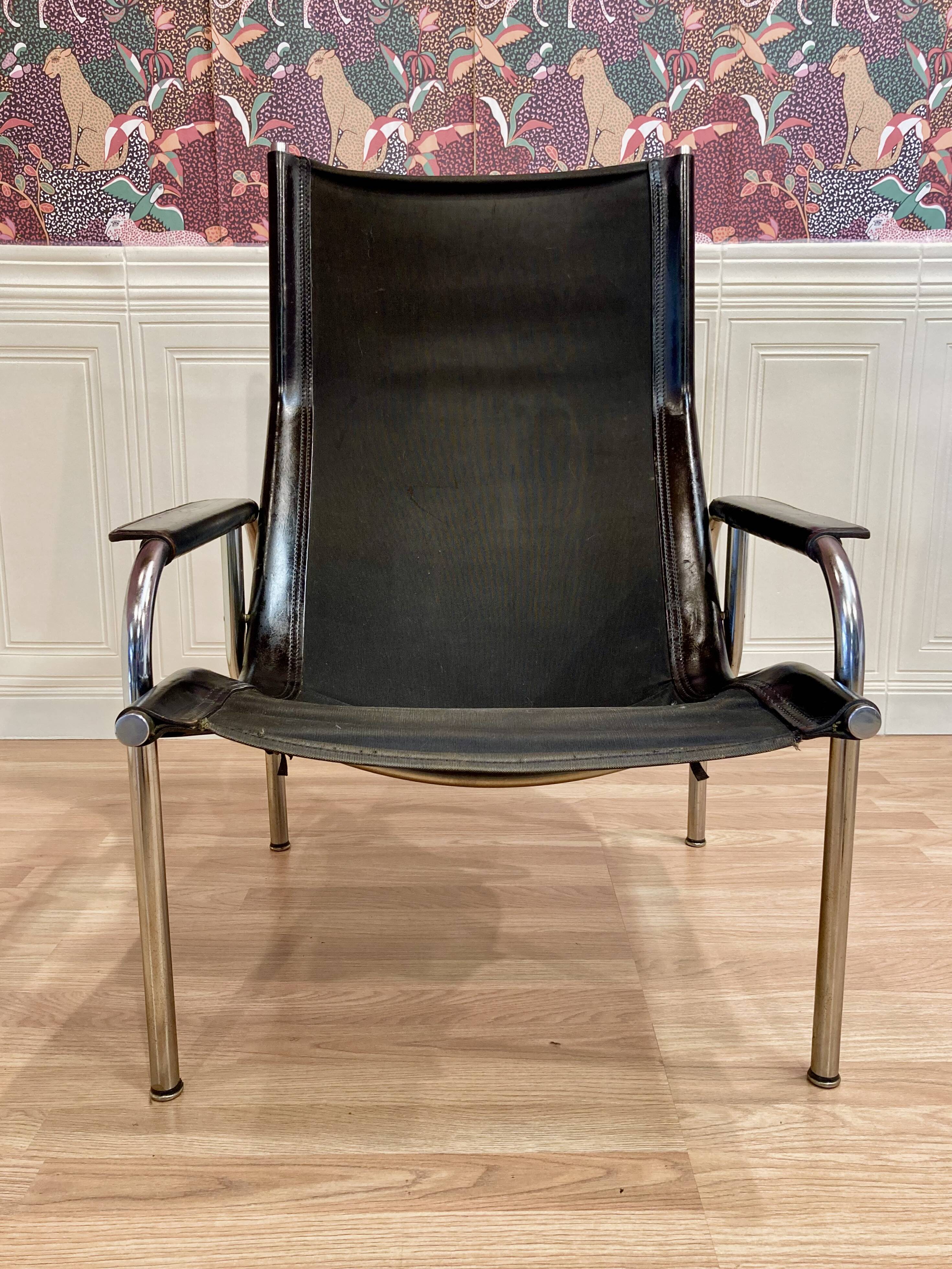 Black leather and chrome reclining armchair designed by "Hans Eichenberger" 1960.