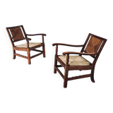 Arts & Crafts Handcrafted Low Lounge Armchairs, Belgium, 1920s, Set of 2