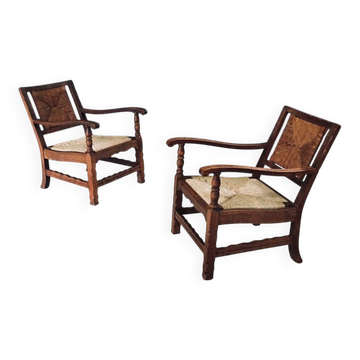 Arts & Crafts Handcrafted Low Lounge Armchairs, Belgium, 1920s, Set of 2