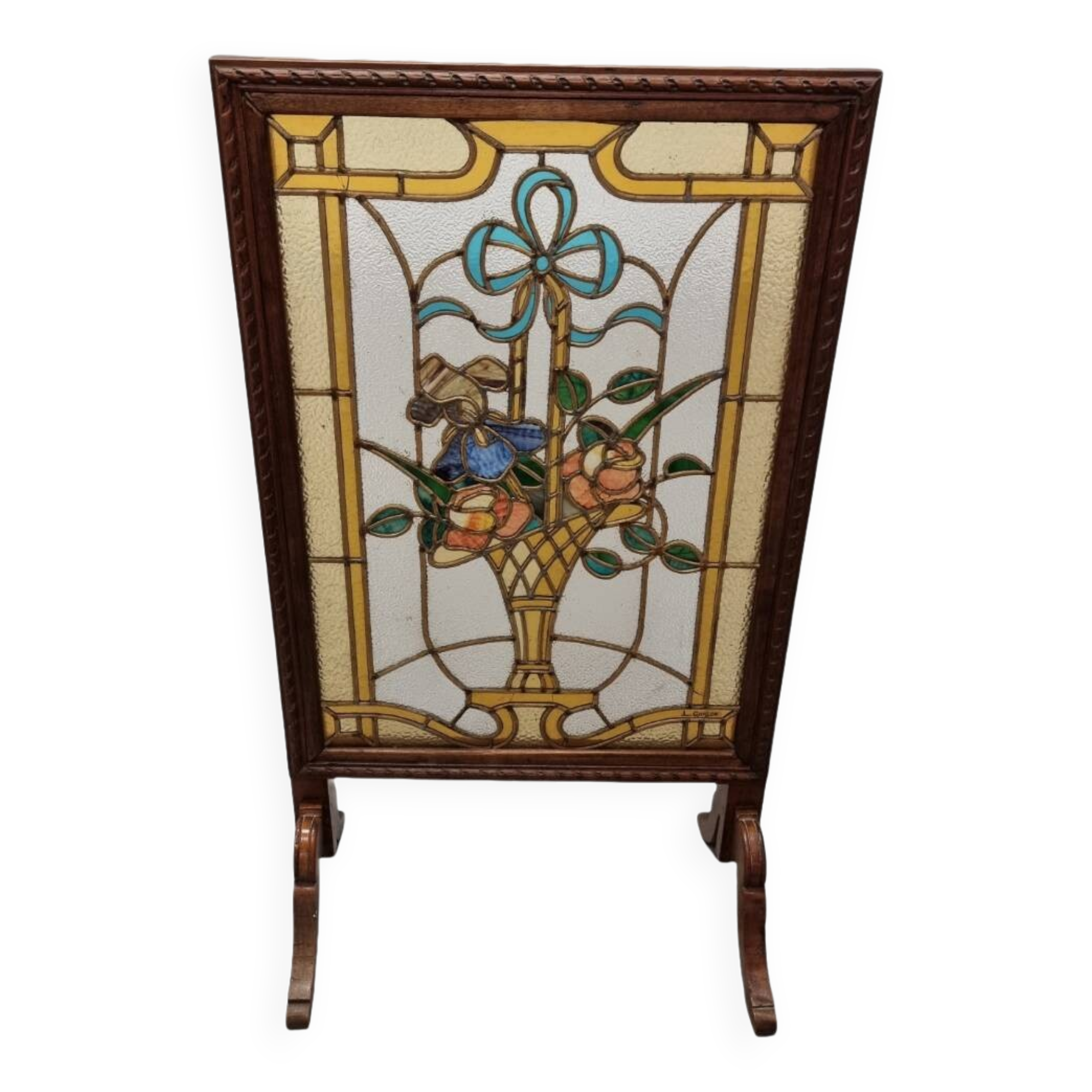 French stained glass fireplace screen L. Guillon, early 1900s