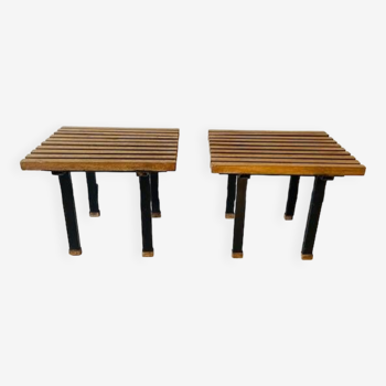paire de petites tables d'appoint en chêne et métal