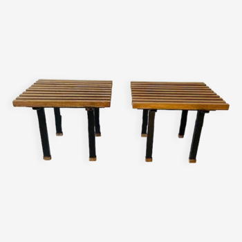 pair of small side tables in oak and metal