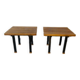 pair of small side tables in oak and metal