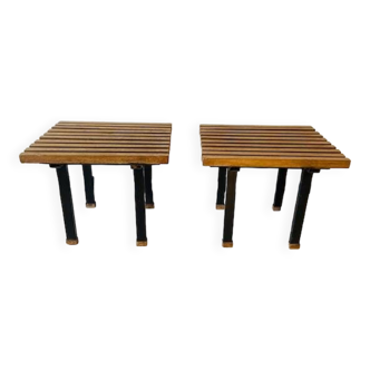 pair of small side tables in oak and metal