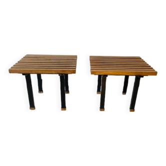 paire de petites tables d'appoint en chêne et métal