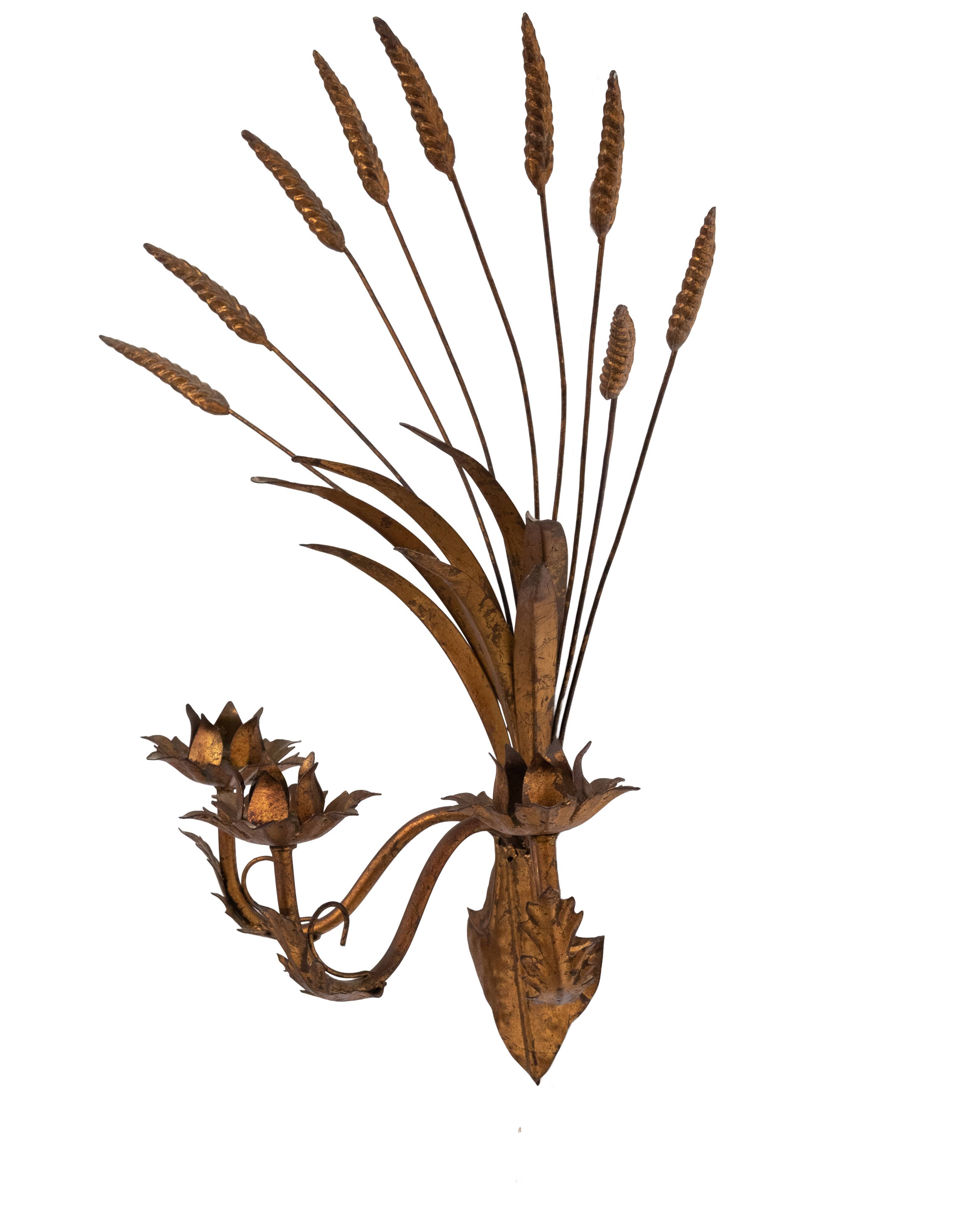 Stunning Italian Gilt Metal Wheat Sheaf candle Wall Sconce 1950s
