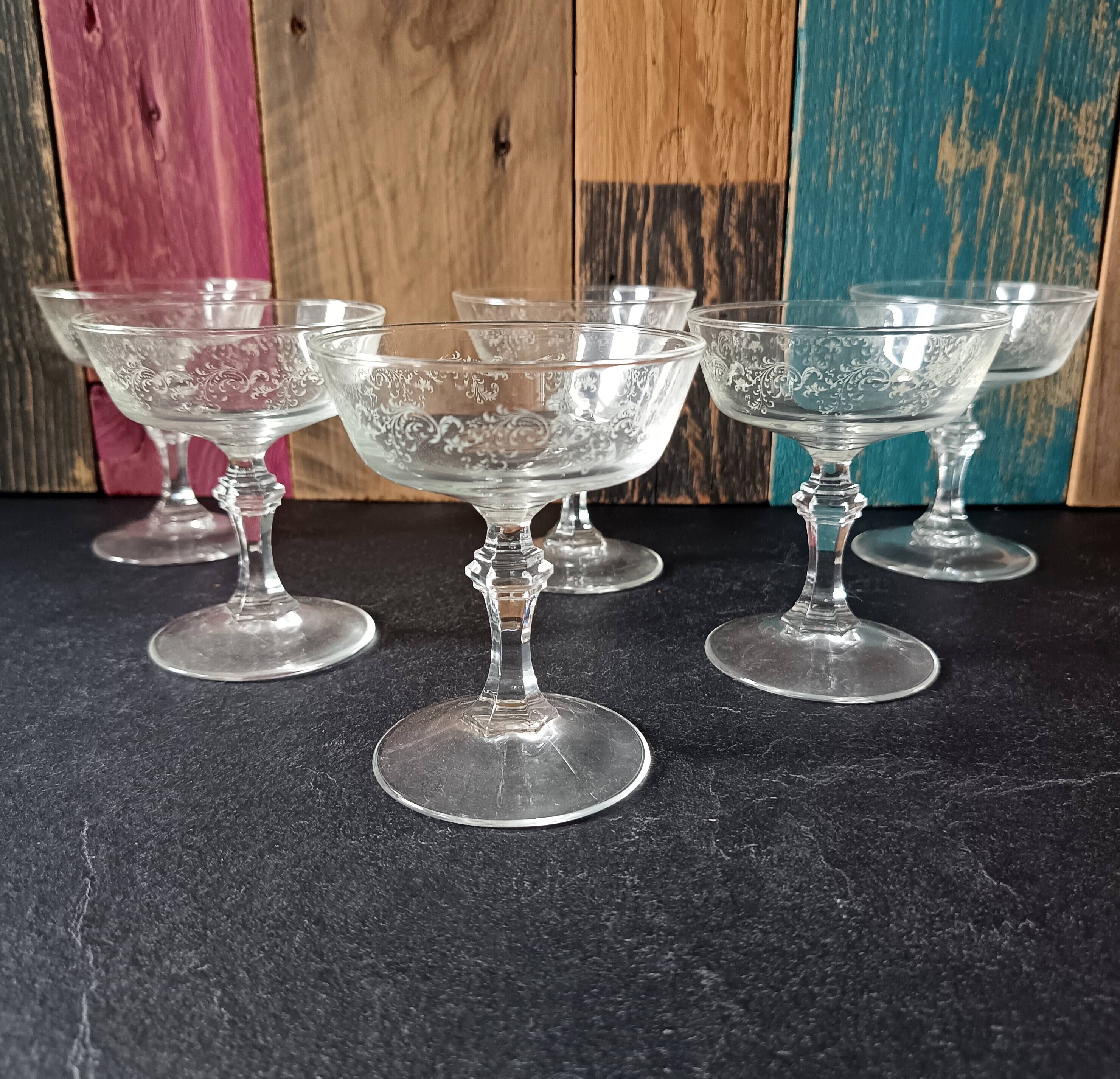 6 champagne coupes, vintage glass coupes