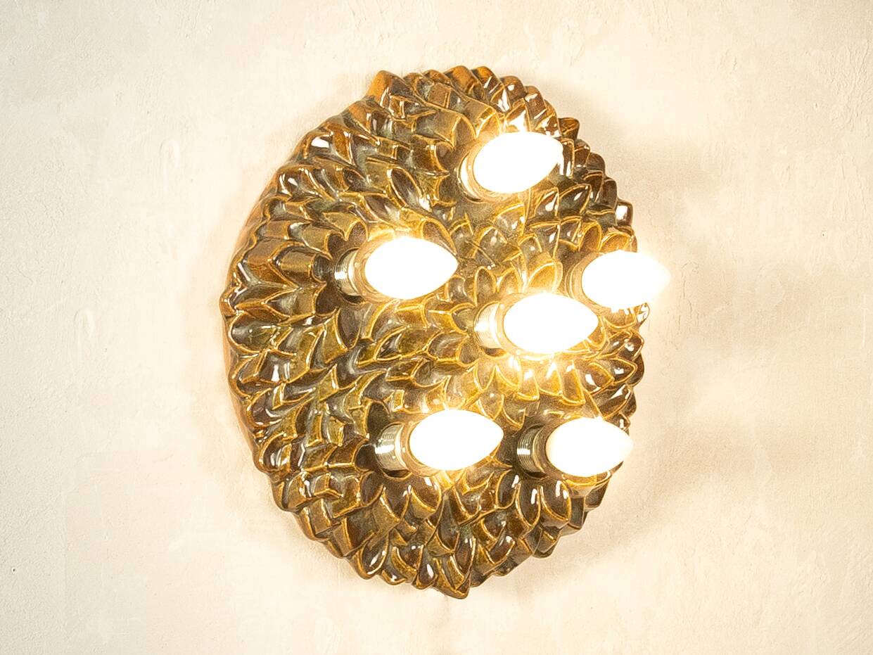 1970s Ceramic Wall Lamp with Floral Ornamentation