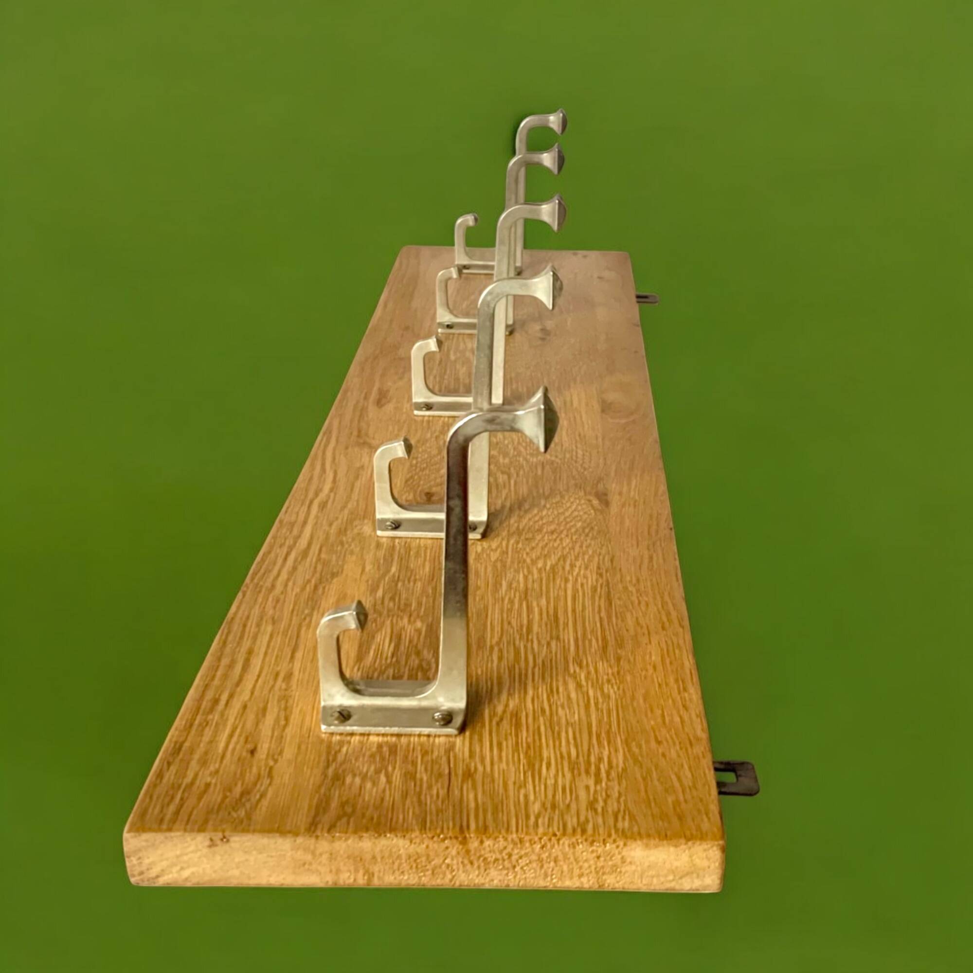 Vintage solid wood wall coat rack - 5 chrome-plated cast aluminum hooks