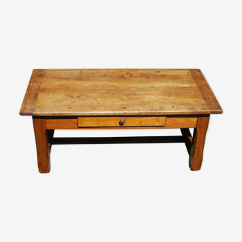 Table basse ancienne rustique en bois avec traverse et tiroir