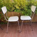 Pair of white formica chairs and stool