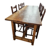 solid pine farmhouse table + 6 straw-seated chairs