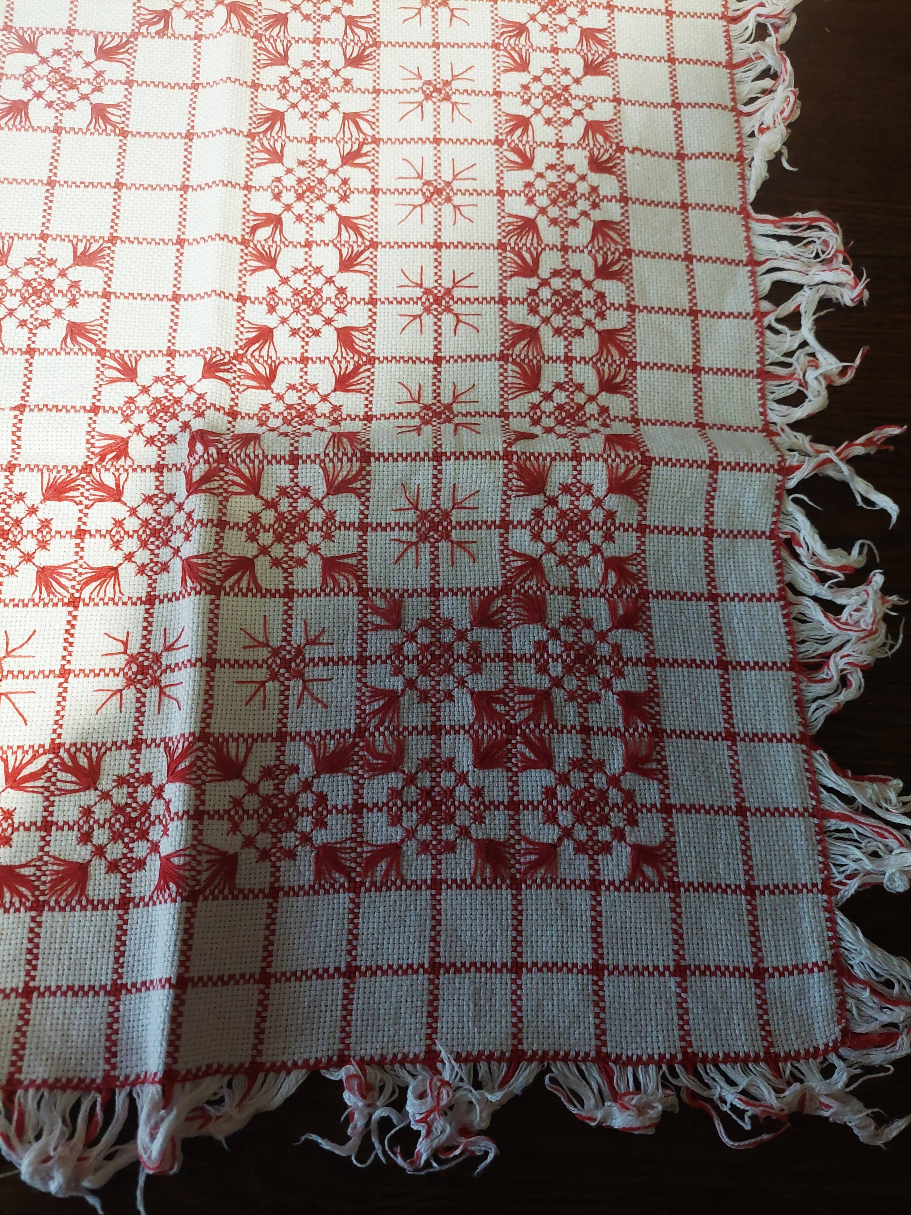 Red checkered cotton tablecloth with fringes