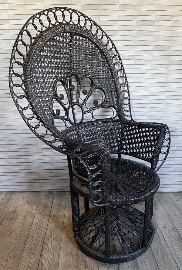 Fauteuil Emmanuelle, queue de paon (peacock), rotin, wengé, vintage, années 70