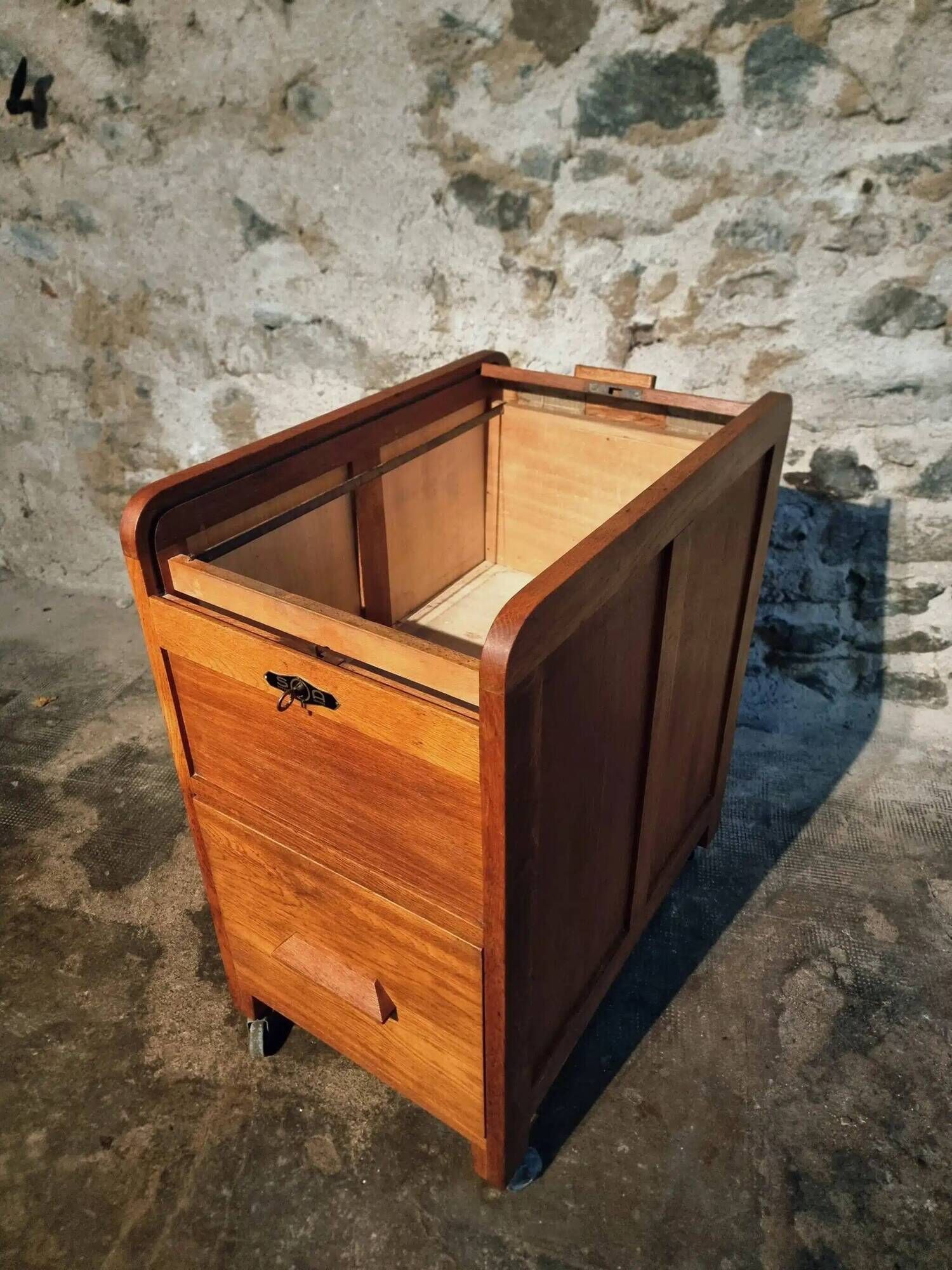 Vintage French oak office rolling cabinet with tambour door, 1950s.