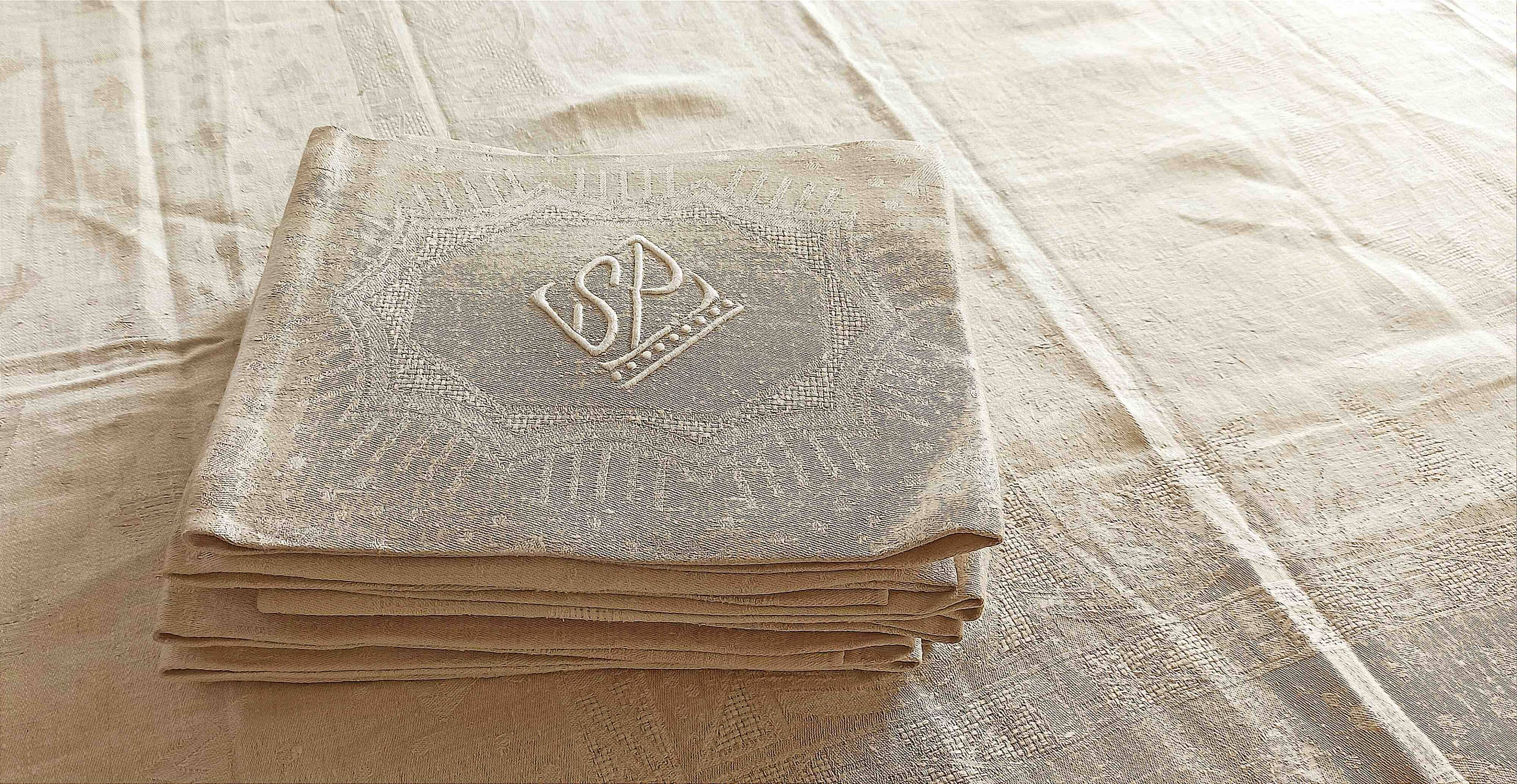 LINGE ANCIEN NAPPE Brodée En Lin Et Point Jour Et Ses 6 Serviettes EUR