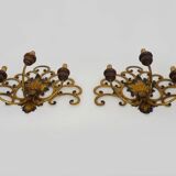 Large pair of Italian wall sconces in gilded wrought iron, 3 lights. 50
