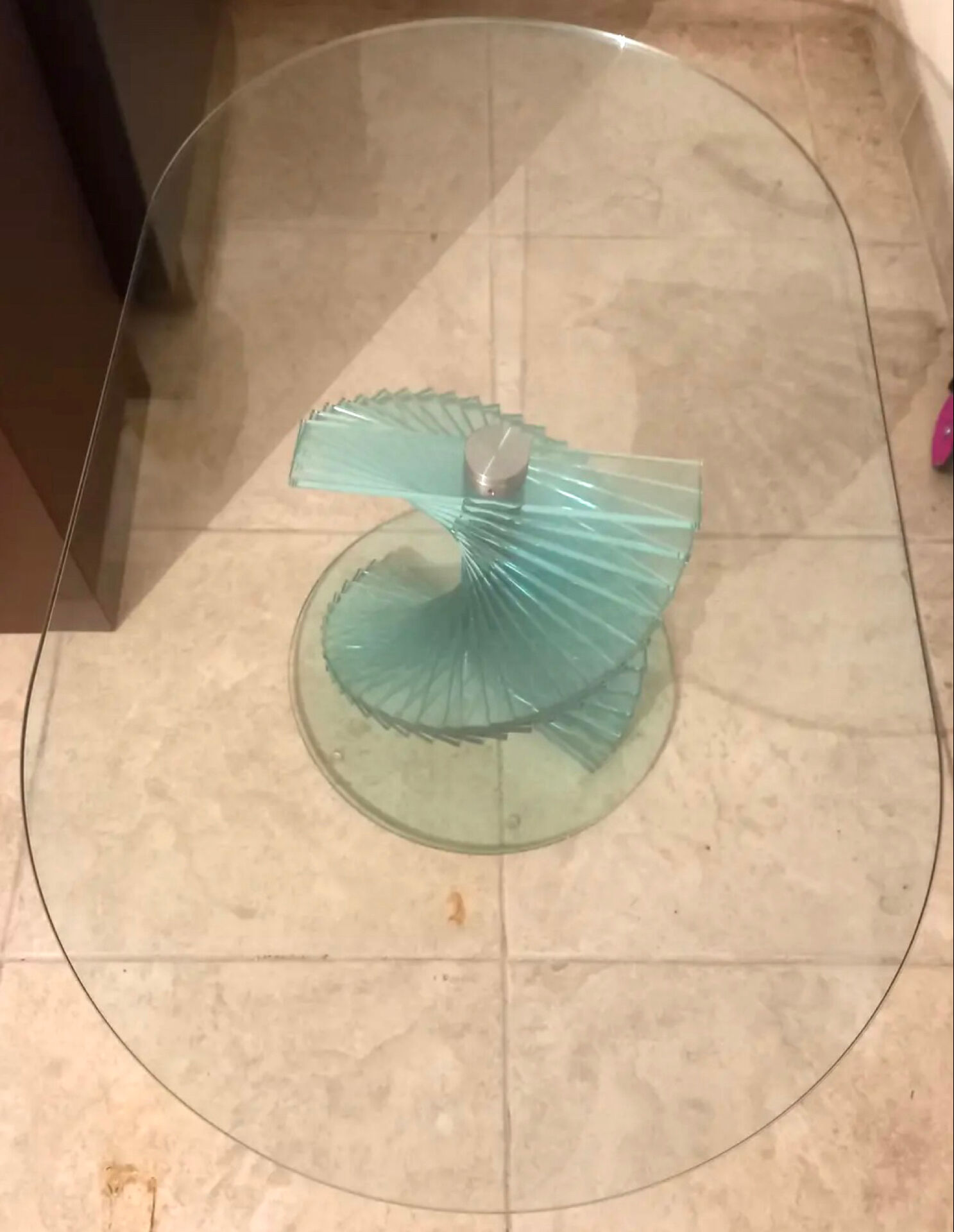 90s Sculptural Glass Coffee Table - Aqua Spiral Base