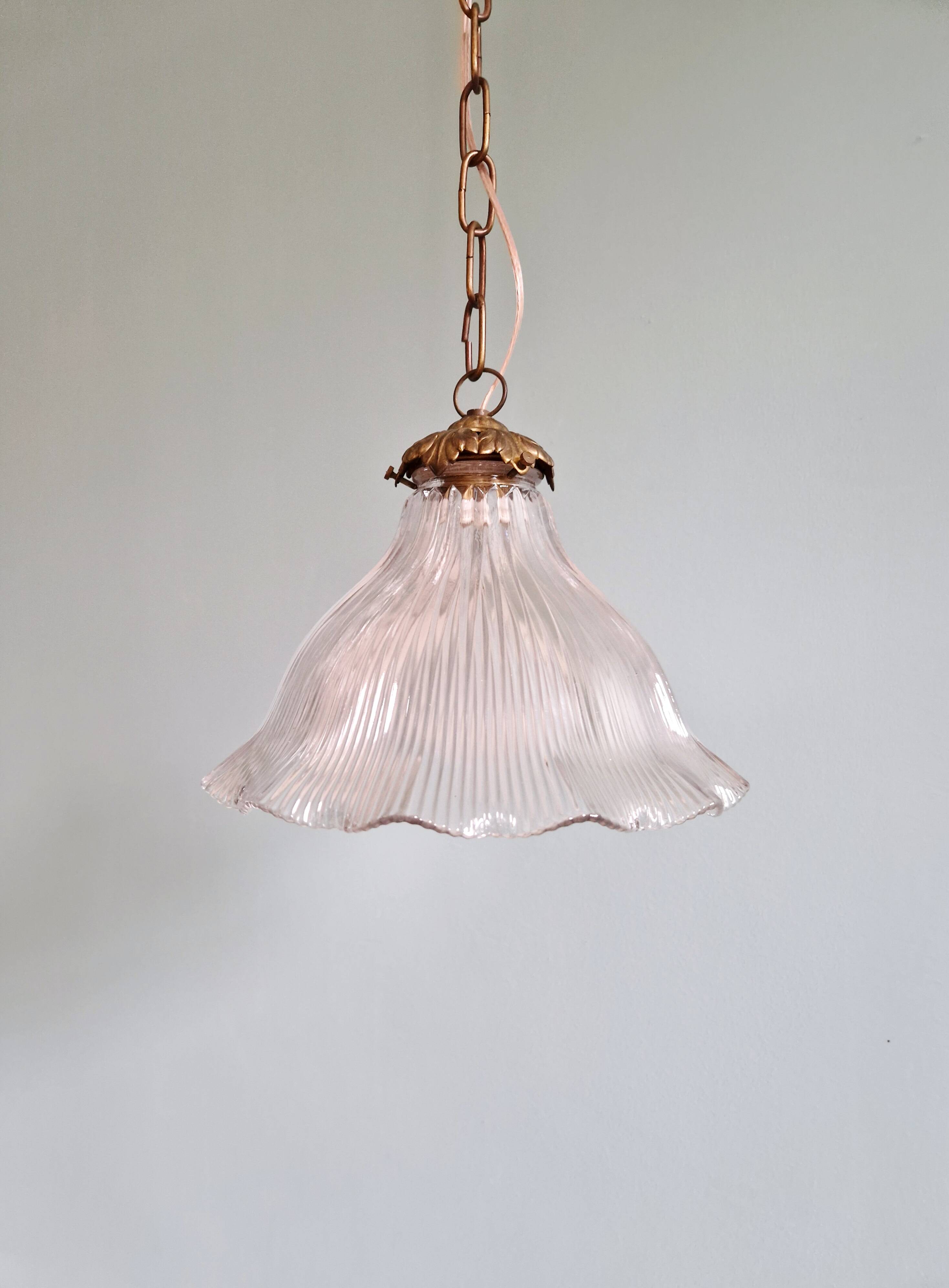 Suspension Holophane in ribbed transparent glass, 1930s