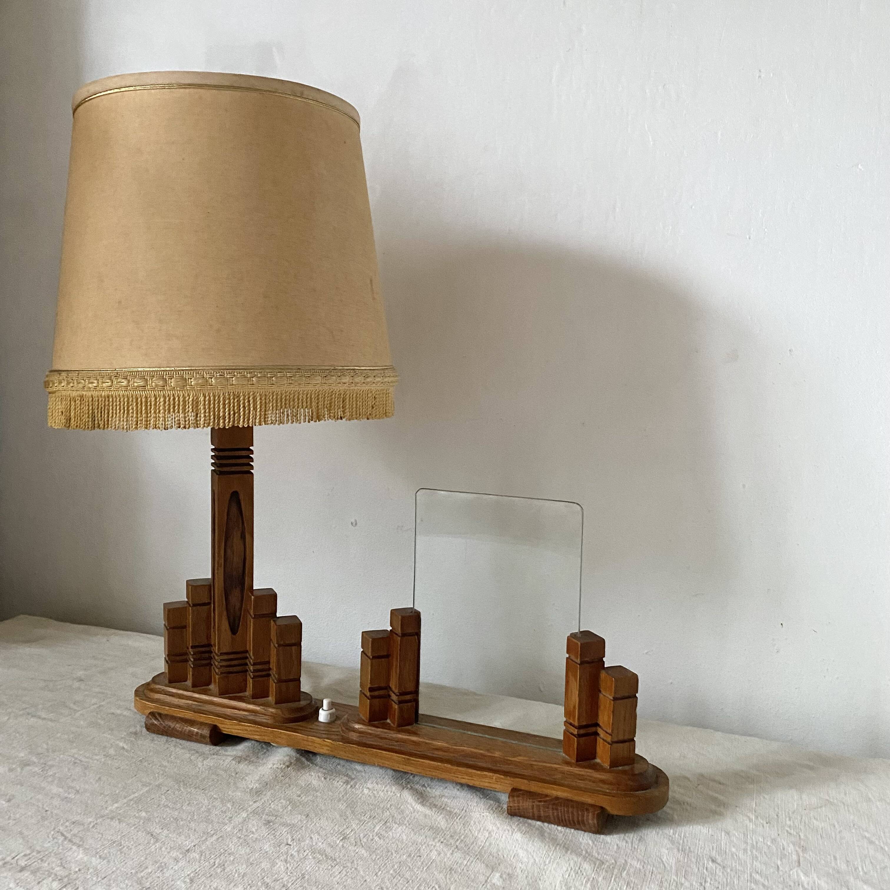 Art deco wooden lamp with photo holder