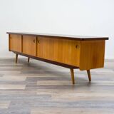 1950s low sideboard in ash, black formica surface. Professionally restored