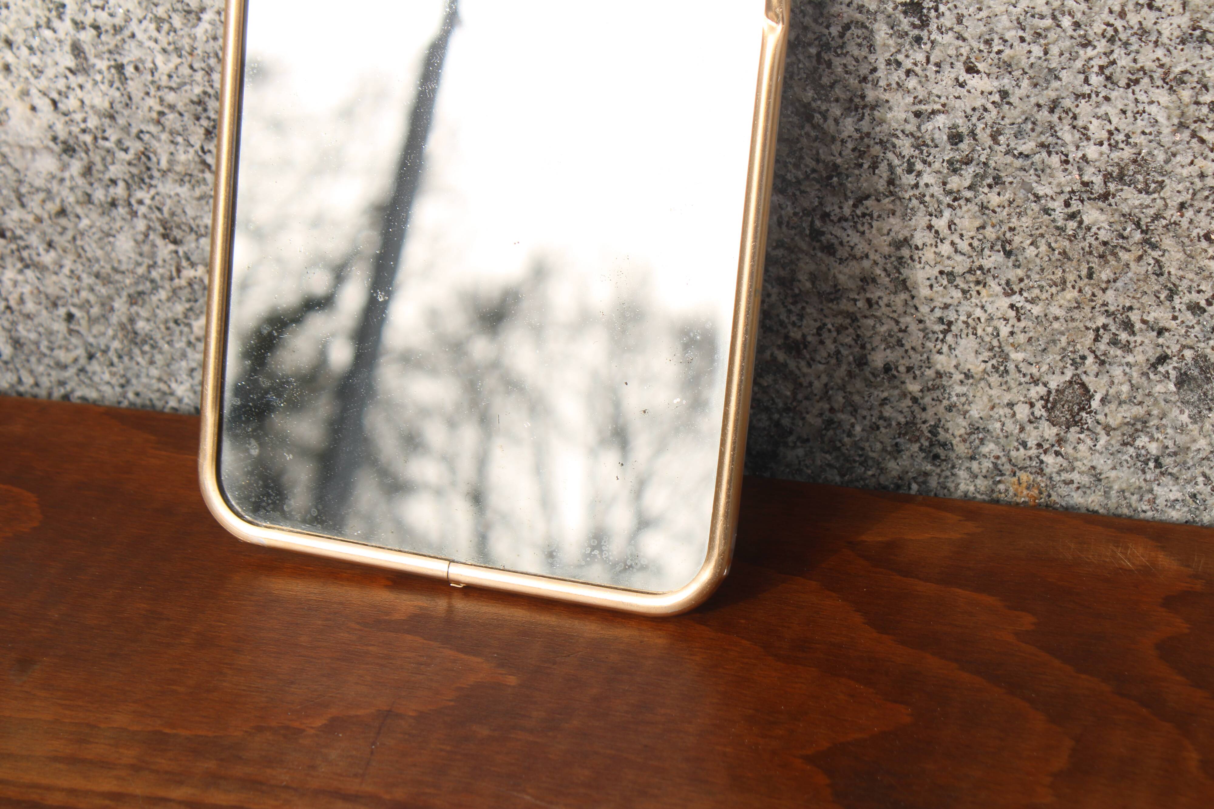 Small vintage tabletop mirror – gold metal frame in barber style