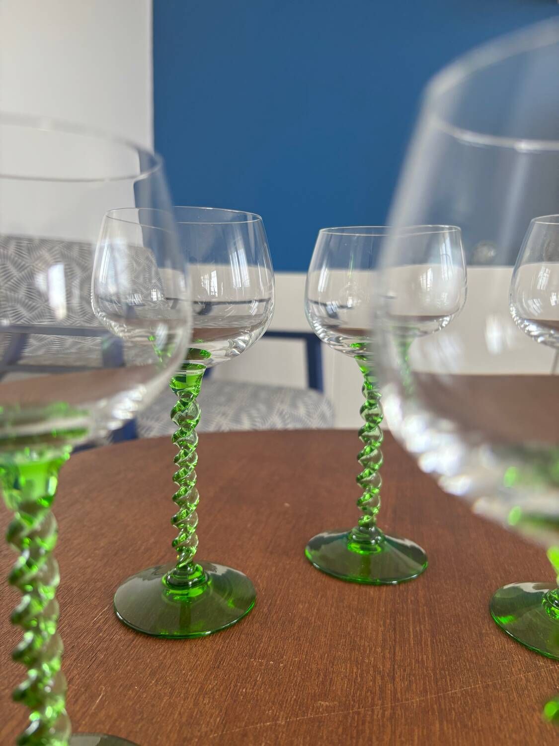 Alsatian white wine glass with a twisted green stem - vintage French stemmed glass