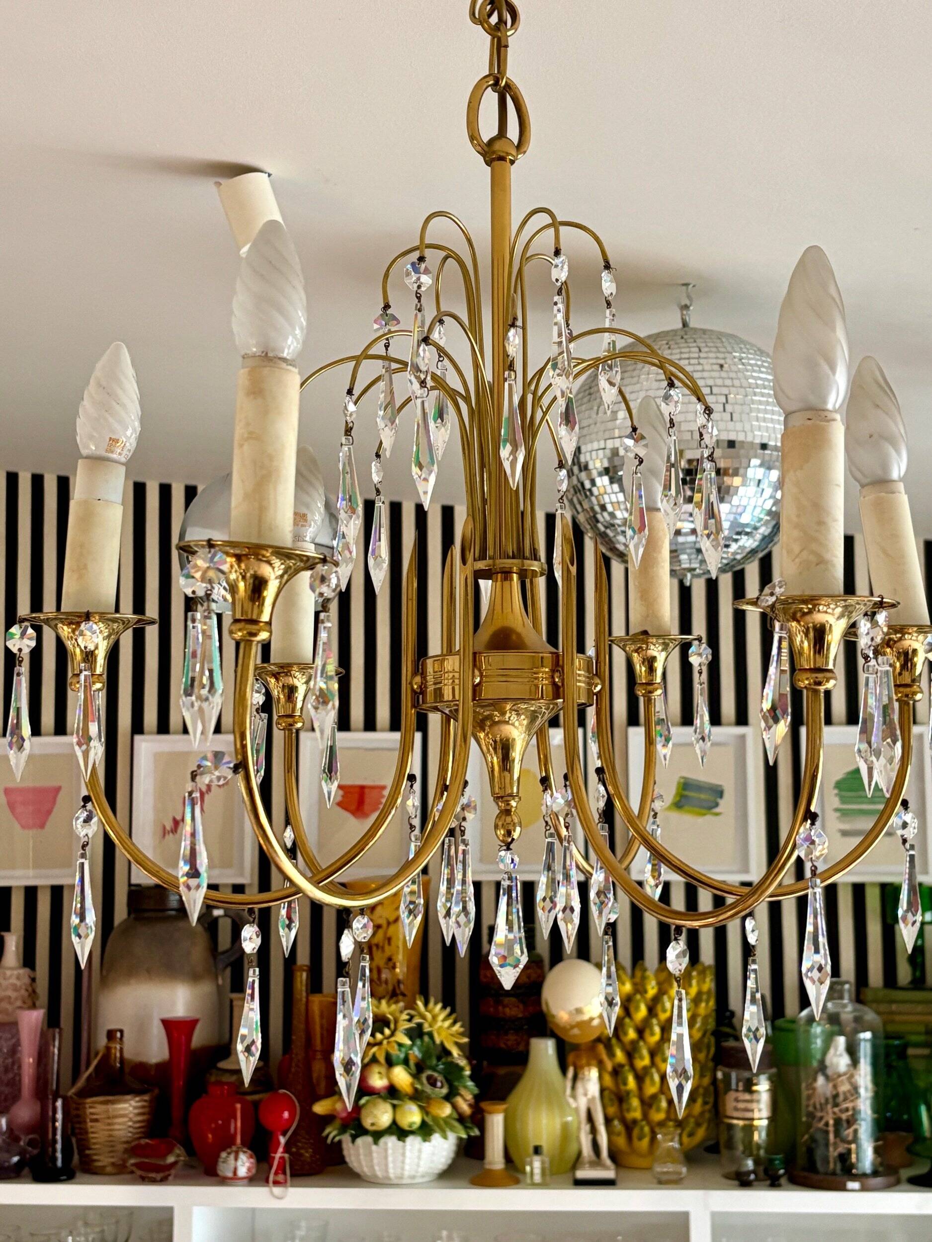 6-light chandelier in gold metal and tassels