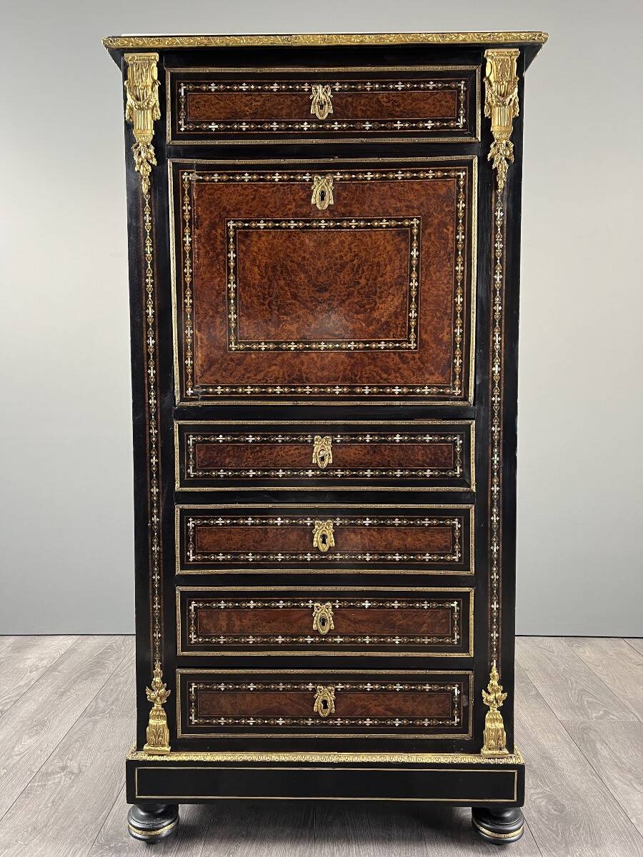 Secretary from the time of Napoleon III in marquetry and gilded bronzes, 19th century.