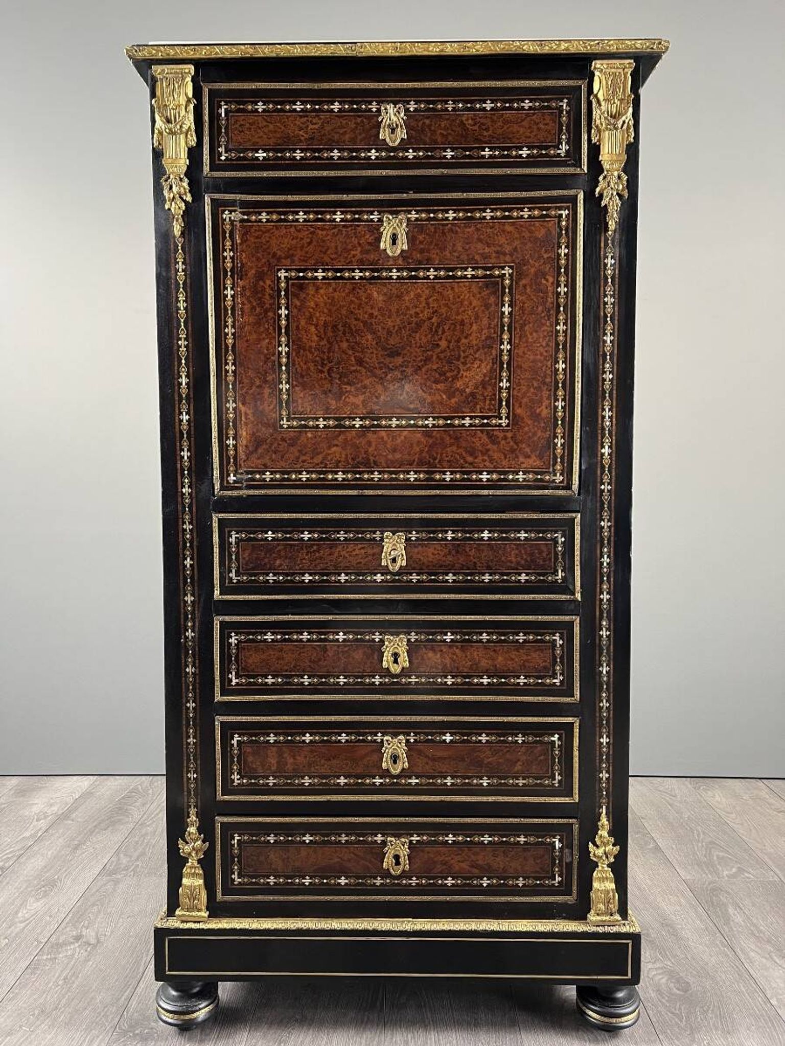Secretary from the time of Napoleon III in marquetry and gilded bronzes, 19th century.