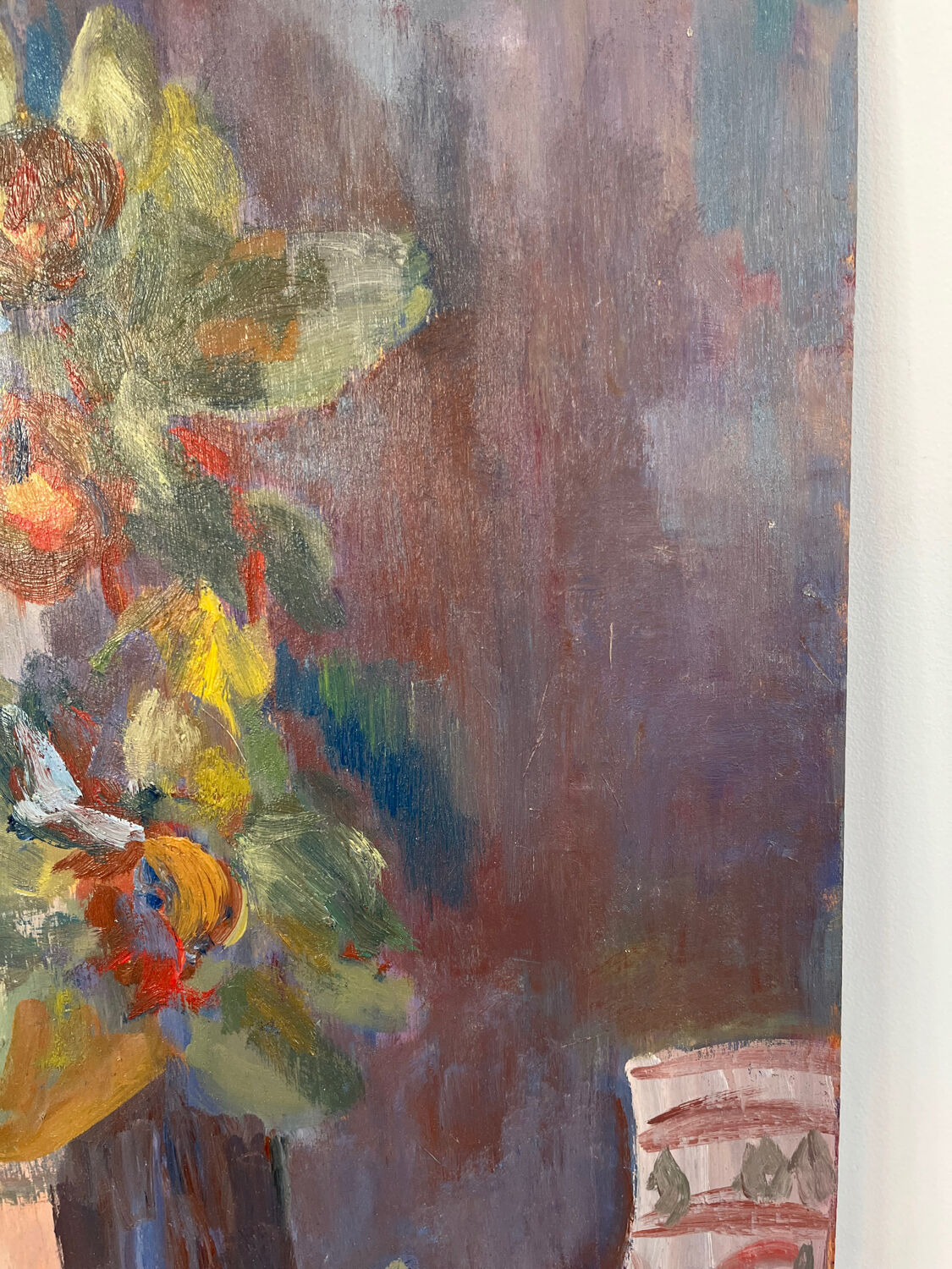 Still life and flowers, oil on panel signed Marina Farolet.