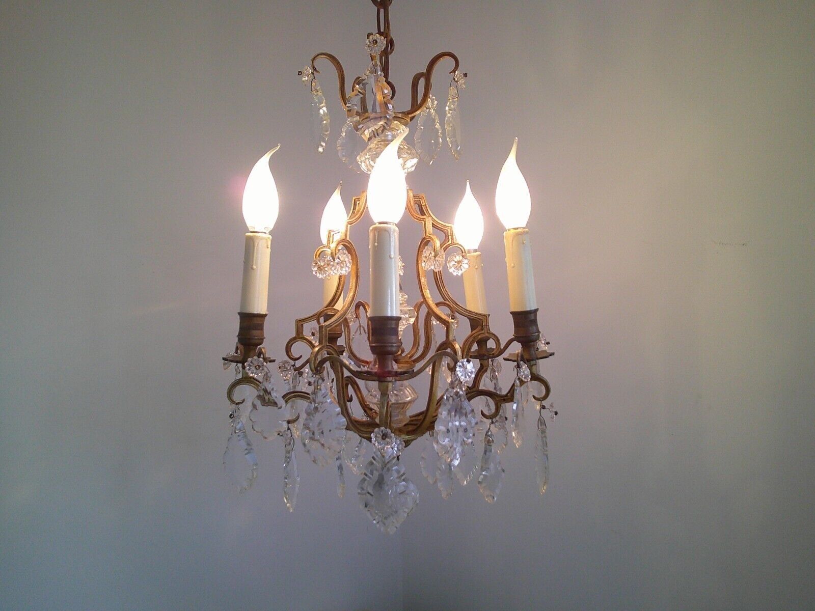 French antique bronze glass & crystal 5 light cage chandelier 4032