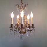 French antique bronze glass & crystal 5 light cage chandelier 4032