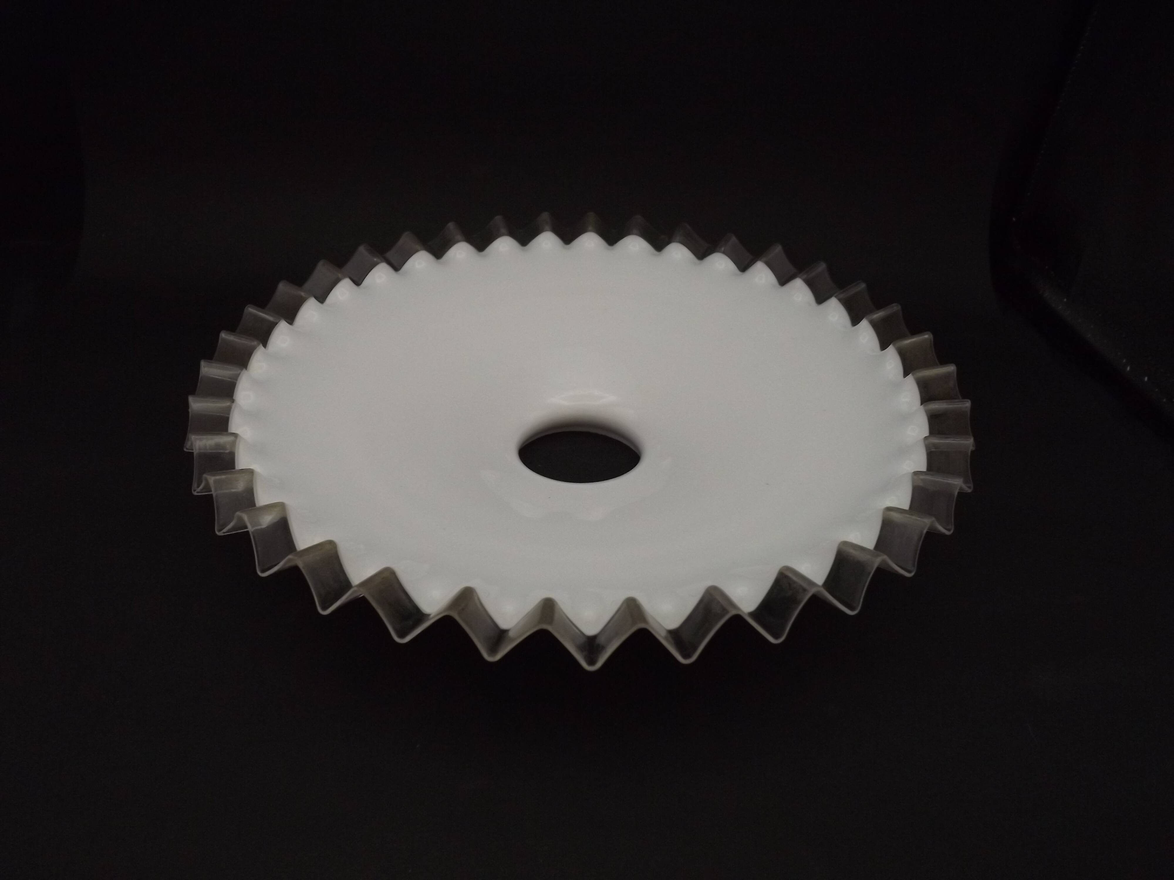 Fringed opal white glass pendant lampshade with scalloped edge.