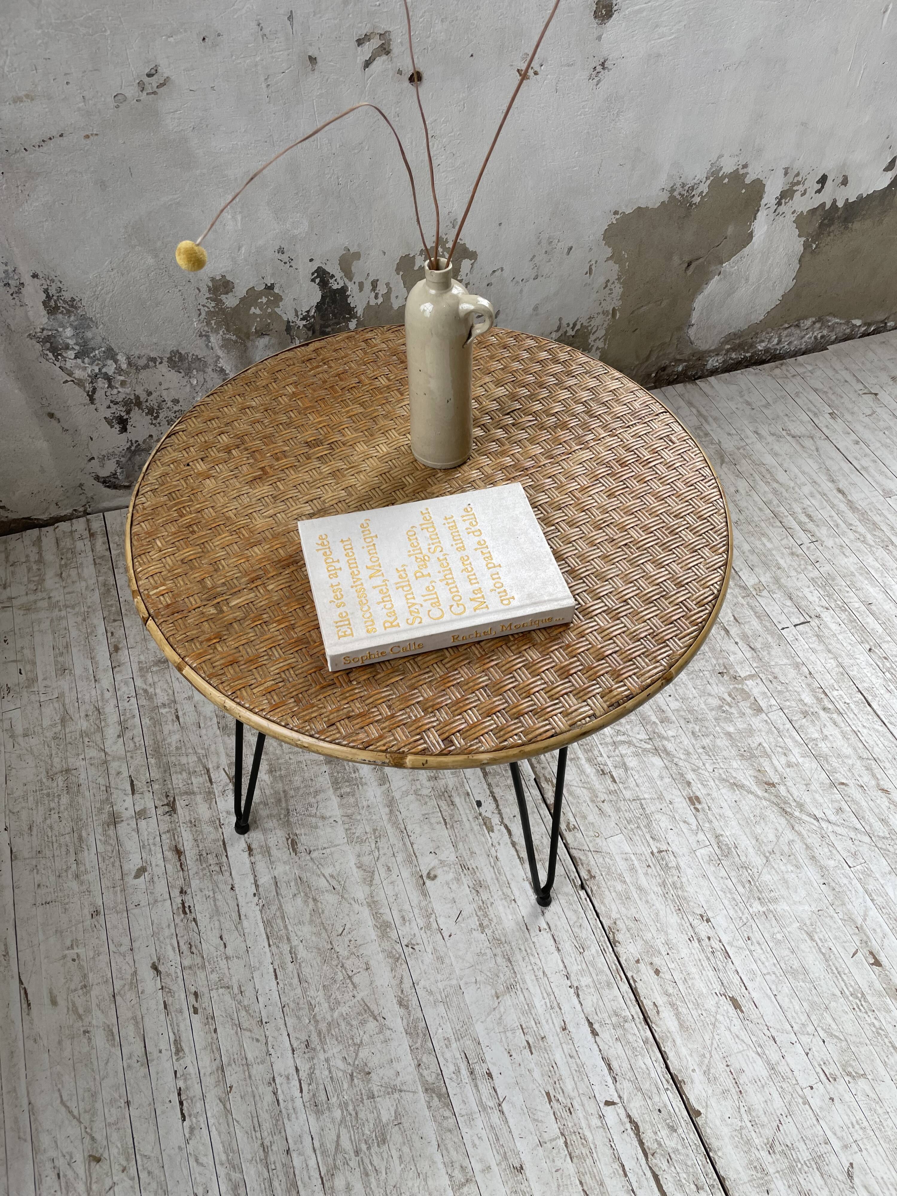 Wicker and metal coffee table from the 1950s