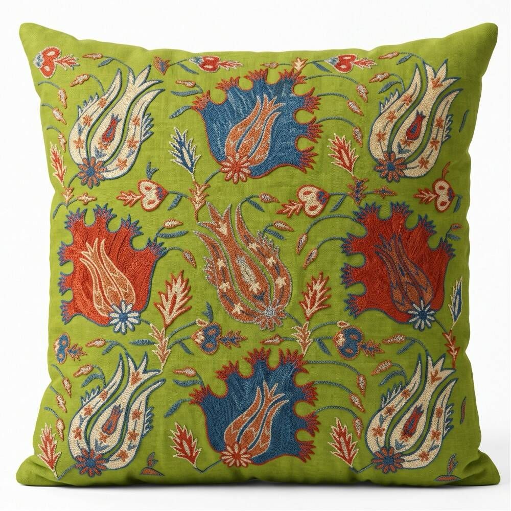 Silk Embroidered Floral Cushion Cover. Green Pillow Cover. Uzbek Suzani Throw Pillow. Traditional Accent Pillow
