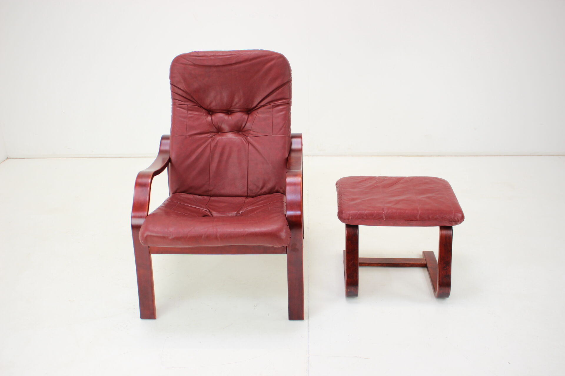 1980 Leather Armchair With Footrest, Ton Czechoslovakia