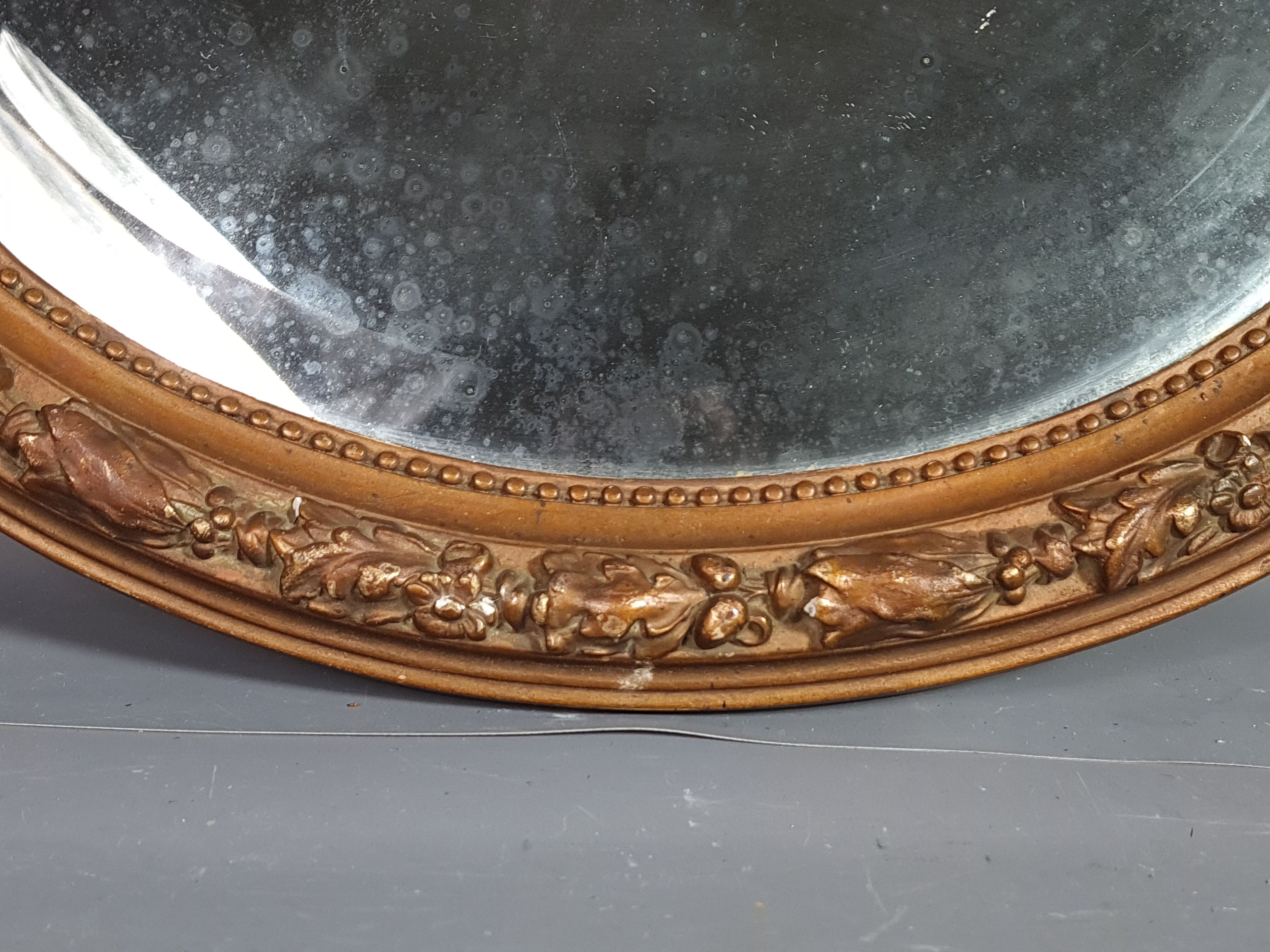 Old oval mirror beveled wooden frame & gilded stucco 50x40 cm 1900