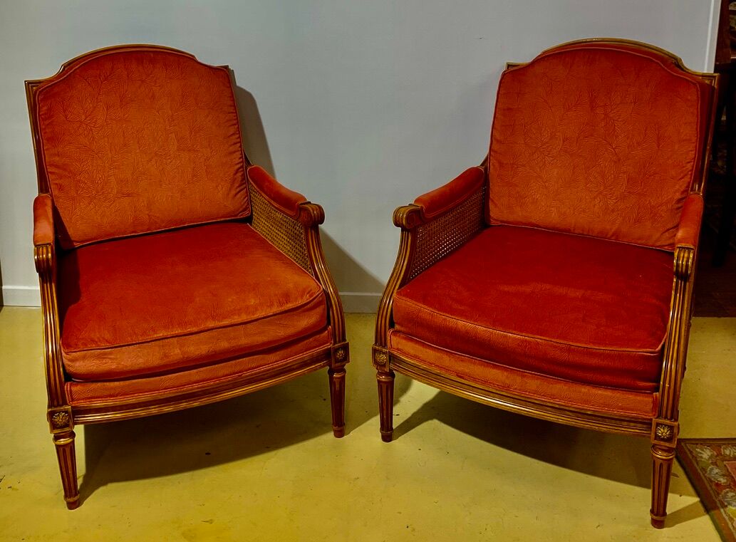 Pair of armchairs in cannage and pink velvet