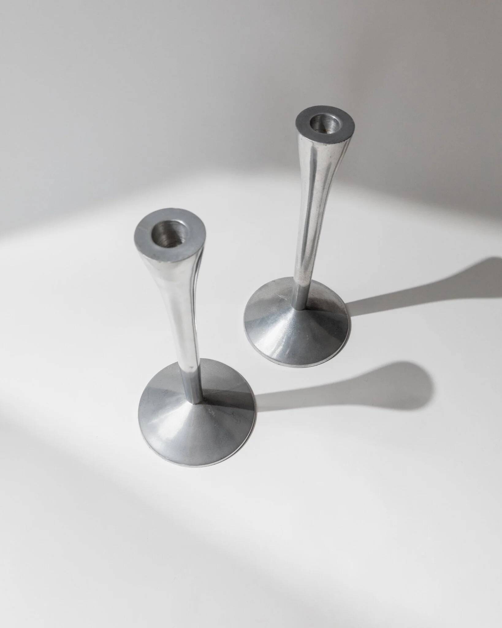 Set of 2 Stainless Steel Vintage Candle Holders, Silver Finish, Space Age Italian Design (1970s)