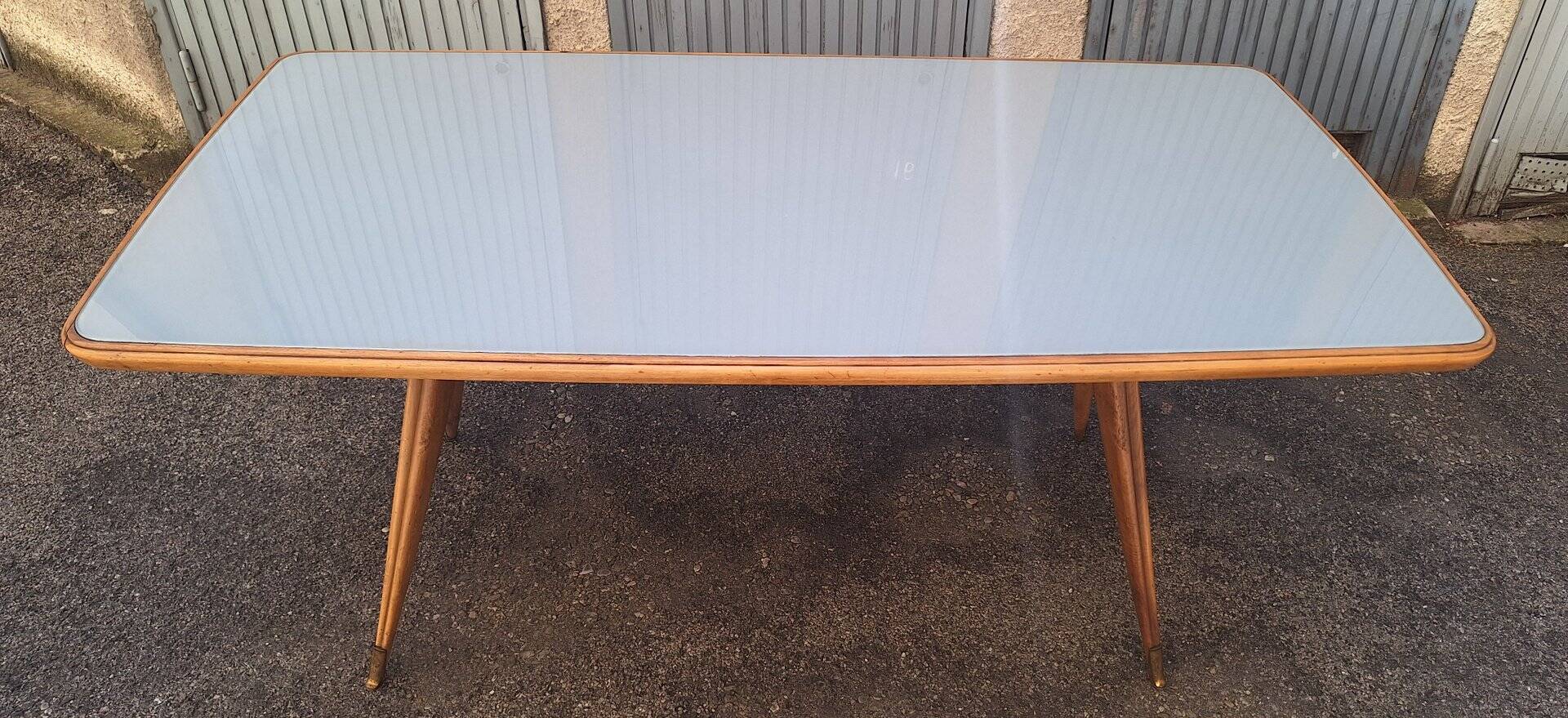 Dining Table Wooden Base, Brass Finishes, Wooden and Blue Glass Top, 1950s