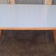 Dining Table Wooden Base, Brass Finishes, Wooden and Blue Glass Top, 1950s