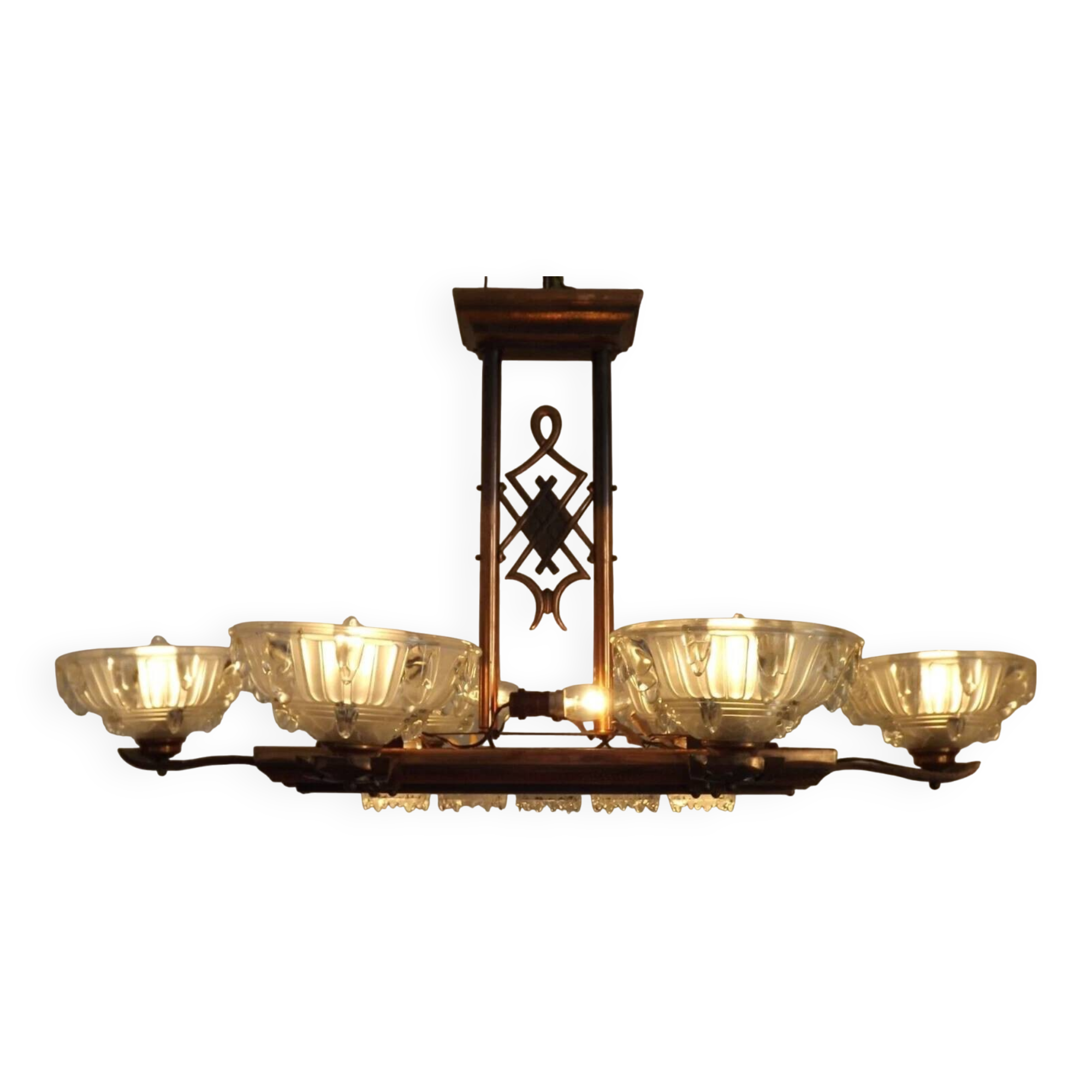 French Art Deco 6-Arm, 10-Light Chandelier Petitot Ezan Style, Copper Tone