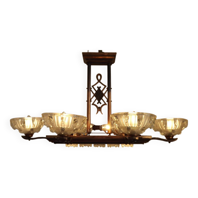 French Art Deco 6-Arm, 10-Light Chandelier  Petitot Ezan Style, Copper Tone