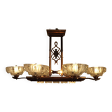 French Art Deco 6-Arm, 10-Light Chandelier Petitot Ezan Style, Copper Tone