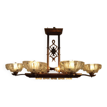 French Art Deco 6-Arm, 10-Light Chandelier  Petitot Ezan Style, Copper Tone